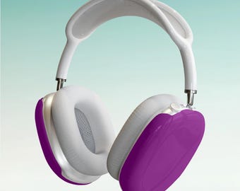 May include: Over-ear headphones with a white headband and ear cushions. The earcups are a vibrant purple color. The headphones are designed for comfort and style, perfect for listening to music or podcasts.
