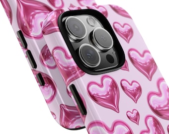 3D Pink Hearts Pink Phone Case, Tough Protective iPhone 16 Case with Pink Hearts, iPhone Case, Samsung Case, Pixel Case