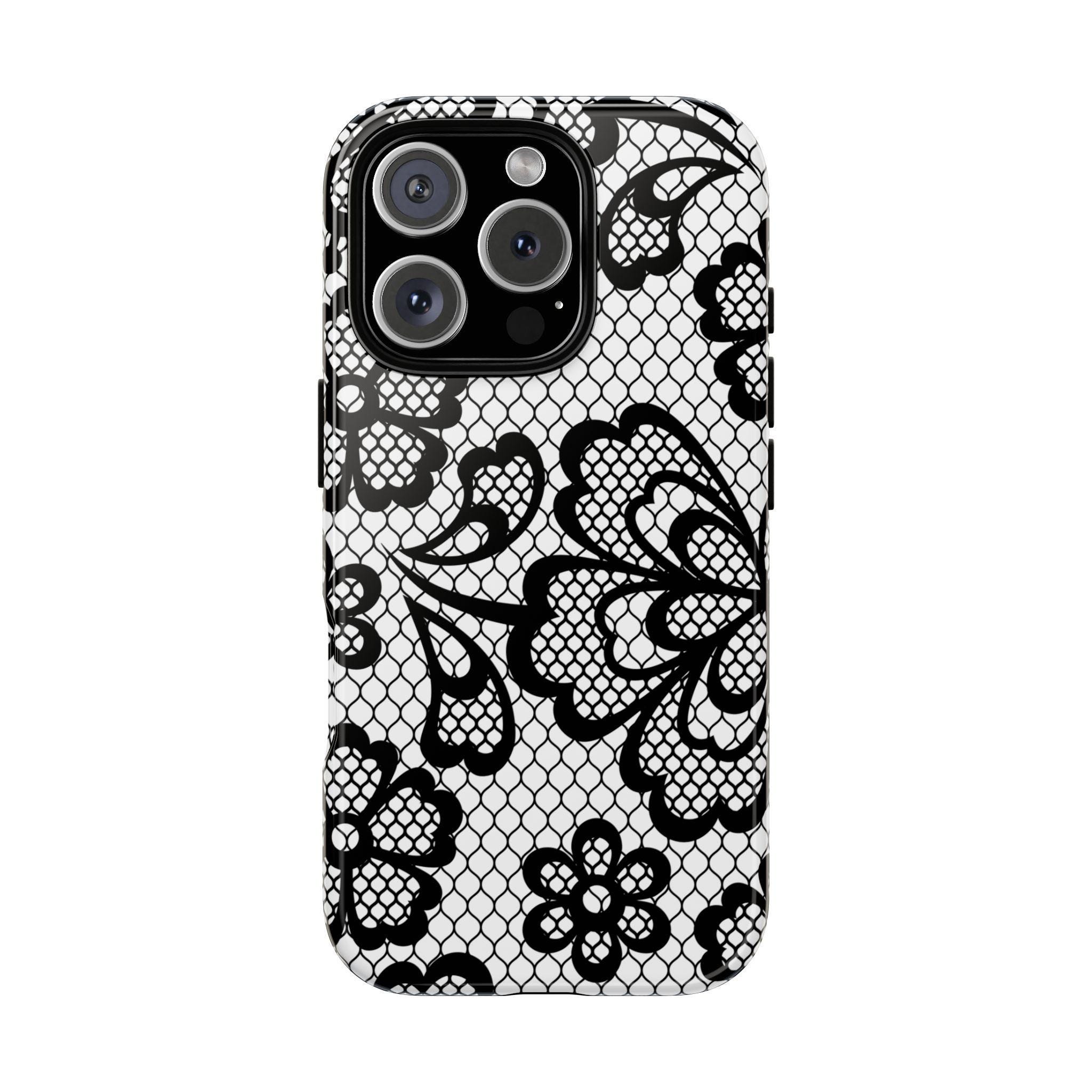 ブラックレースのフラワーデザインスマホケース、ブラックレースの