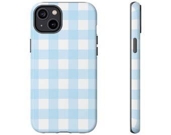 Sky Blue Gingham Phone Case, Cottagecore iPhone 16 Case, iPhone 12 Case, Tough iPhone Case, Samsung Case, Pixel Case, Gifts Under 25