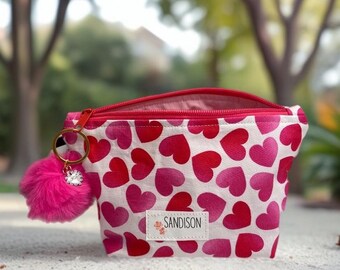 Handmade Pink Hearts Makeup Bag | Small Cosmetic Pouch with Optional Pom Pom Keychain