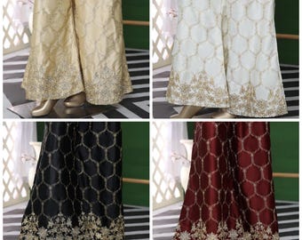 Elegant Silk Embroidered Palazzo Pants for Women | Pakistani & Indian Wide-Leg Trousers