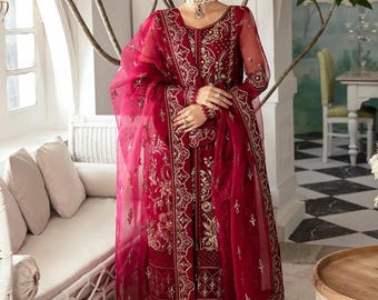 Pakistani Salwar Kameez for Women, Luxury Embroidered Organza Wedding Dress Indian Designer Party Wear Suit Maroon Formal Outfit Custom Size
