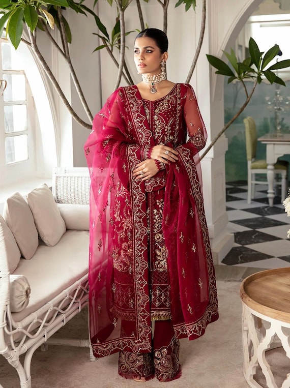 formal designer dresses pakistani Pakistani Salwar Kameez for Women, Luxury Embroidered Organza Wedding Dress  Indian Designer Party Wear Suit Maroon Formal Outfit Custom Size