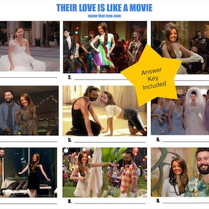Pode incluir: Um jogo imprimível com nove imagens de casais em diferentes cenas de filmes. O jogo pede aos jogadores que adivinhem o filme de onde cada casal vem. O texto "Their Love Is Like A Movie" e "Name That Rom-Com" está no topo da página. O texto "Answer Key Included" está em uma estrela amarela.