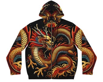 Art Print Full-Zip Hoodie | Chinese Dragon | Tattoo | Traditional | Fire | Spiritual