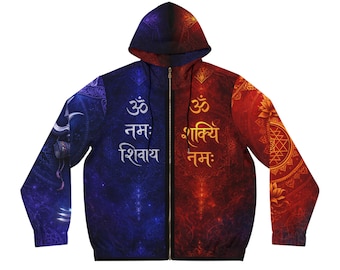Shiva Parvati Split Design Hoodie | Spiritueller Trident Om Sanskrit Hoodie mit durchgehendem Reißverschluss