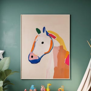 Póster abstracto de caballo, acrílico, para mascotas, caballos, guardería, niños, animales, ilustración, diseño minimalista, DESCARGA DIGITAL
