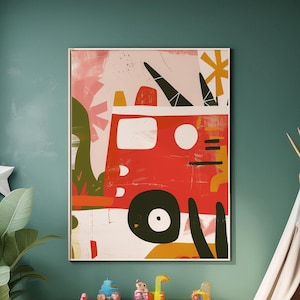 Ilustración de diseño minimalista para póster infantil, diseño de ilustraciones, descarga digital, diseño de ilustraciones de coches, acrílico, aceite, motor de bomberos abstracto