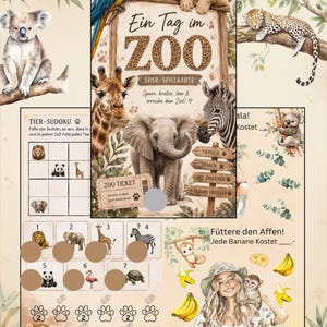 Sparspiel Ein Tag im Zoo, Multi Challenge Budget Tracker | Tier Sudoku, Rubbellos und Würfel Sparen A6