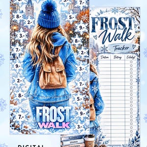 May include: A digital savings tracker featuring a winter scene with a person in a blue beanie and denim jacket. The design includes snowflake icons with numerical values, the text "MEINE AKTIEN", "FROST WALK", and a table with columns for date, amount, and status.