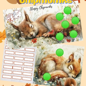 Könnte beinhalten: Eine skurrile Illustration mit dem Text "Sleepy Chipmunks" und "Sleepy Chipmunks". Das Bild zeigt zwei schlafende Chipmunks, grüne Kreise und Herbstblätter. Der Hintergrund hat ein florales Design in Hellbeige.