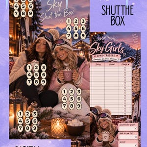 Könnte beinhalten: Ein digitaler Download mit einem Sky Shut the Box Spiel und einem Sky Girls Spar-Tracker. Das Design zeigt verschneite Berge, zwei Personen mit Tassen und nummerierte Kreise von eins bis neun zur Verfolgung von Fortschritten und Zielen.