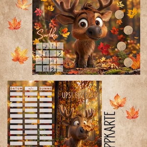 Könnte beinhalten: Ein Spielblatt mit einem Cartoon-Elch im Herbstwald und fallenden Blättern. Der obere Bereich enthält ein Sudoku-Gitter, Würfelsymbole und den Text ELCH. Der untere Bereich zeigt eine Tabelle mit den Spalten DATUM, +/-, SUMME sowie den Text UPS! EIN BLATT und KLAPPKARTE.