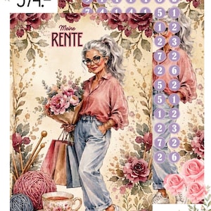 Könnte beinhalten: Ein dekoratives Poster mit einer Illustration einer Person mit grauem Haar, Brille, rosa Hemd und blauer Jeans. Der Text lautet "SPARE 374.-" und "Meine RENTE". Das Bild enthält einen Blumenstrauß, Einkaufstüten, Garn, eine Teetasse und ein Raster mit nummerierten Kreisen.