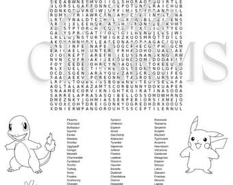 May include: A black and white word search puzzle featuring 100 Pokemon names. The puzzle is surrounded by images of Pikachu, Bulbasaur, Squirtle, and Charmander.