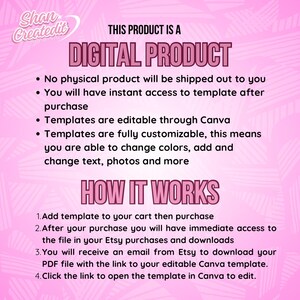 May include: Pink digital product information graphic with the text "THIS PRODUCT IS A DIGITAL PRODUCT". The graphic explains that no physical product will be shipped and templates are editable through Canva.