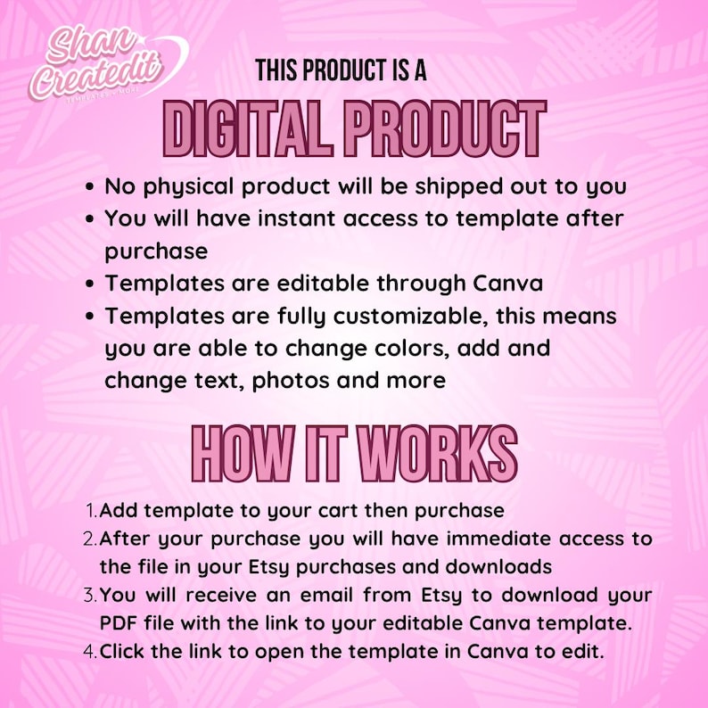 May include: Pink digital product information graphic with the text "THIS PRODUCT IS A DIGITAL PRODUCT". The graphic explains that no physical product will be shipped and templates are editable through Canva.