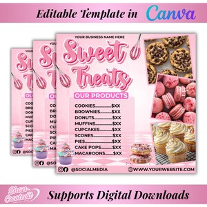 May include: Pink and white digital template for a bakery, featuring the text "Sweet Treats" and product images of cookies, macarons, cupcakes, and donuts. Includes a list of products and social media handles.