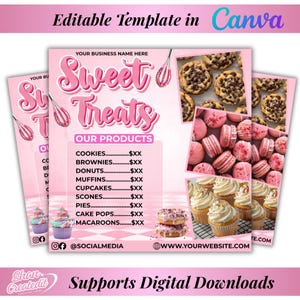 May include: A pink and white digital template for a bakery, featuring the text "Sweet Treats" and product images of cookies, macarons, and cupcakes. The template includes a list of products and social media information.