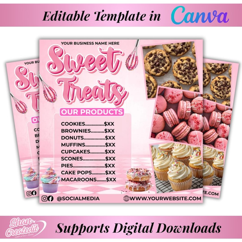 May include: A pink and white digital template for a bakery, featuring the text "Sweet Treats" and product images of cookies, macarons, and cupcakes. The template includes a list of products and social media information.