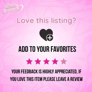 以下が含まれることがあります： 「Love this listing?」と「お気に入りに追加」のテキストが入ったピンク色のグラフィック。プラス記号が付いた黒いハートと4つのピンクの星が含まれています。「このアイテムを気に入ったら、レビューを残してください」というテキストも含まれています。