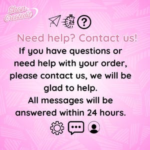 以下が含まれることがあります： ピンク色の背景に「Need help? Contact us!」の文字と、質問や注文に関するサポートを提供する追加のテキスト。紙飛行機、時計、疑問符、歯車、チャットバブル、人物のアイコンが含まれています。