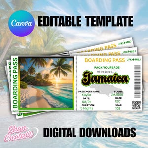 Può includere: Modello digitale scaricabile con un design di carta d'imbarco con una scena di spiaggia tropicale. Il pass include il testo "Giamaica", "Prepara le valigie" e i dettagli del passeggero. Sono visibili anche i loghi di Canva e Download digitali.