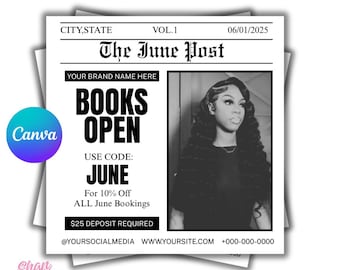 June Booking Newspaper Flyer Template, Hair, Lashes, Nails (Canva, Digital Download)