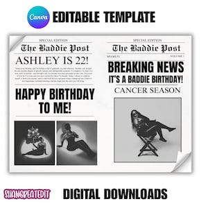 Editable Birthday Newspaper Invitation Template: Canva DIY Party Invite (Digital Download)