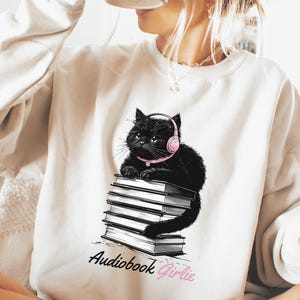 Audiobook Girlie PNG| Audiobook Listener design| Cats and books clipart| Bookclub PNG| Book Lover Sublimation| Introvert Bookish Clipart