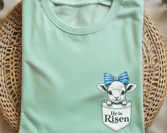 Pocket Easter He is Risen Lamb TShirt, Easter Sunday Tee, Easter Apparel, Spring Wardrobe, Gift for Animal Lovers
