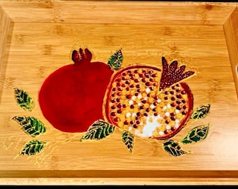 Handpainted Armenian Pomegranate on a Bamboo Wooden Tray