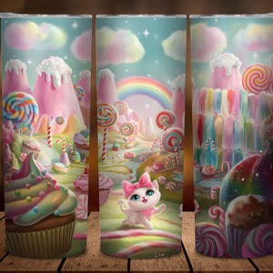 Whimsical Candyland Tumbler Wrap | 20 oz Skinny Tumbler Sublimation Design | Cute Cat in Sweet Fantasy World Tumbler Wrap | Digital Download