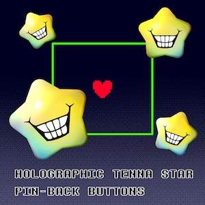 Puede incluir: Cuatro botones traseros con forma de estrella amarilla con caras sonrientes, dispuestos alrededor de un cuadrado verde y un corazón rojo sobre un fondo azul oscuro. El texto en la parte inferior dice "HOLOGRAPHIC TENNA STAR PIN-BACK BUTTONS."