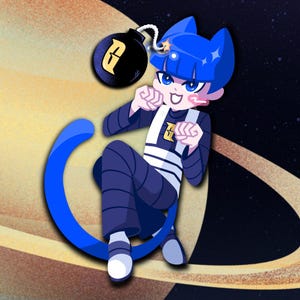 Puede incluir: Ilustración de dibujos animados de un personaje de pelo azul con orejas de gato, vistiendo un atuendo azul oscuro con rayas blancas. Una bomba negra con la letra "F" amarilla flota sobre la cabeza del personaje. El fondo presenta un planeta y un cielo estrellado.