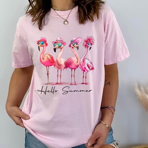 Hello Summer Flamingo Shirt Comfort Colors®, Cute Pink Retro Summer T-Shirt, Beach Vacation Tee, Tropical Aesthetic Graphic Tee for Women