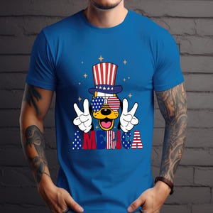 Funny Patriotic USA T-Shirt – Cartoon Dog with Peace Sign and American Flag – 4th of July Shirt for Men & Women