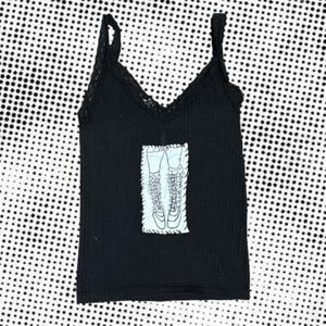 Black patchwork tank top: demonia boots drawing patch lace cami