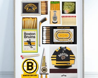 May include: Framed collage featuring Boston Bruins memorabilia. Includes a jersey, pennant, matchboxes with team logos, a hockey stick, and a Stanley Cup replica. The color scheme is black, gold, and white, with the team's logo prominently displayed.