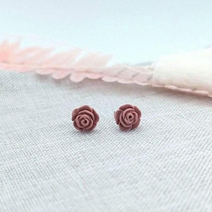Könnte beinhalten: Zwei kleine, rosenförmige Ohrstecker in einem gedämpften Mauve-Ton. Die Ohrringe sind vor einem strukturierten, cremefarbenen Hintergrund platziert, mit einem weichen, rosa Dekorationselement. Ein zartes, blumiges Accessoire.