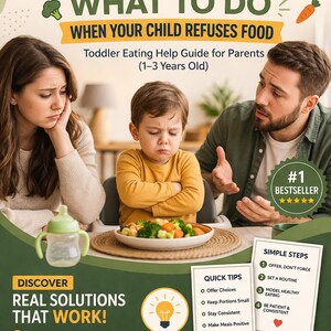 Può includere: Guida per genitori di bambini schizzinosi, intitolata "Picky Eater Toddler? What to Do". L'immagine mostra una famiglia con un bambino che rifiuta il cibo. Include suggerimenti e soluzioni per lo stress durante i pasti e un'alimentazione sana.