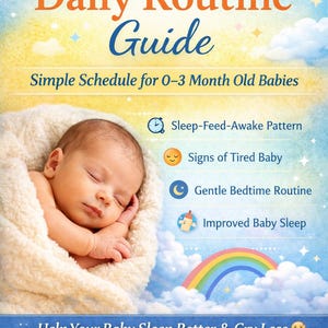 Puede incluir: Una guía digital titulada "Newborn Daily Routine Guide" con un bebé durmiendo envuelto en una manta. La portada presenta texto sobre el sueño del bebé, incluyendo "Sleep-Feed-Awake Pattern" y "Help Your Baby Sleep Better & Cry Less."