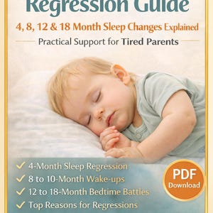 Puede incluir: Portada del libro "Guía de la regresión del sueño del bebé" con un bebé durmiendo. La guía cubre los cambios de sueño a los 4, 8, 12 y 18 meses. Incluye temas como despertares, batallas a la hora de dormir y acción paso a paso. Descarga PDF disponible.