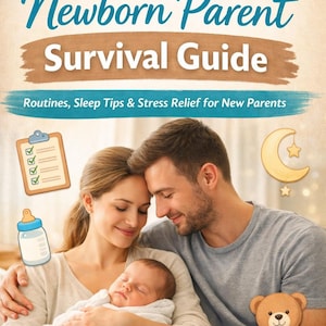 Può includere: Copertina di un libro intitolata "Newborn Parent Survival Guide" con il sottotitolo "Routines, Sleep Tips & Stress Relief for New Parents". L'immagine presenta una famiglia con un neonato, insieme a illustrazioni di un biberon, una lista di controllo, una luna e un orsacchiotto.
