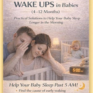 Può includere: Copertina di un libro con il titolo "How to Stop Early Morning Wake Ups in Babies". L'immagine mostra una coppia stanca, un bambino in una culla e un orologio che segna le 5:00 AM. Il testo "Help Your Baby Sleep Past 5 AM!" è presente.