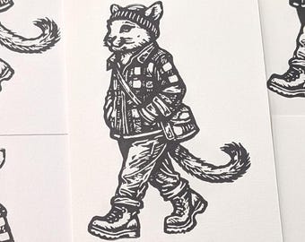 Catamount Block Print • Linocut • Mountain Lion Art • 4x6 Original Print