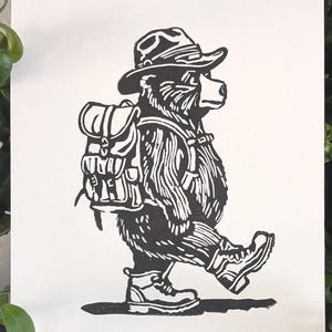 Hiking Bear Block Print • Adventure Bear Art • Hand-Pulled Print • Bear in Backpack & Boots • Bear Silhouette • 4x6 or 5x7 Original Print