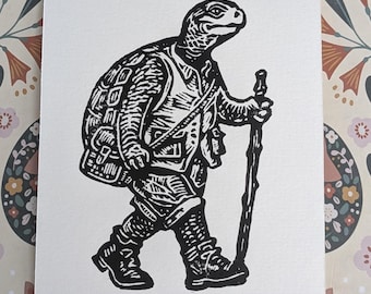 Hiking Turtle Block Print • Linocut • Tortoise Explorer • Adventure Turtle • Adventure Animal Art • 4x6 Original Print