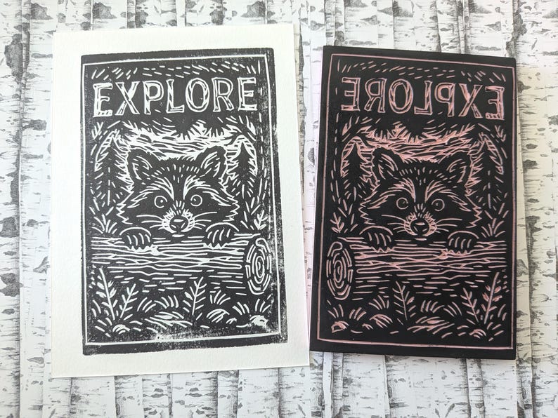Explore Raccoon Block Print • Adventure Raccoon Art • Rustic Nature ...